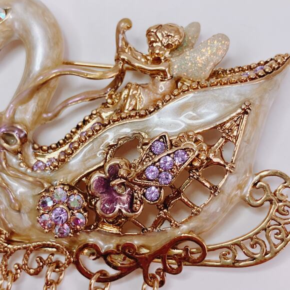 Vintage Signed Kirk's Folly Fairy Swan Sleigh Brooch Gold Tone Rhinestone Whimsy - Picture 5 of 10